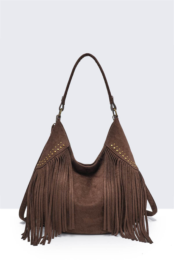 A&E - 28936-BV Bohemian-style shoulder bag with fringe and studs
