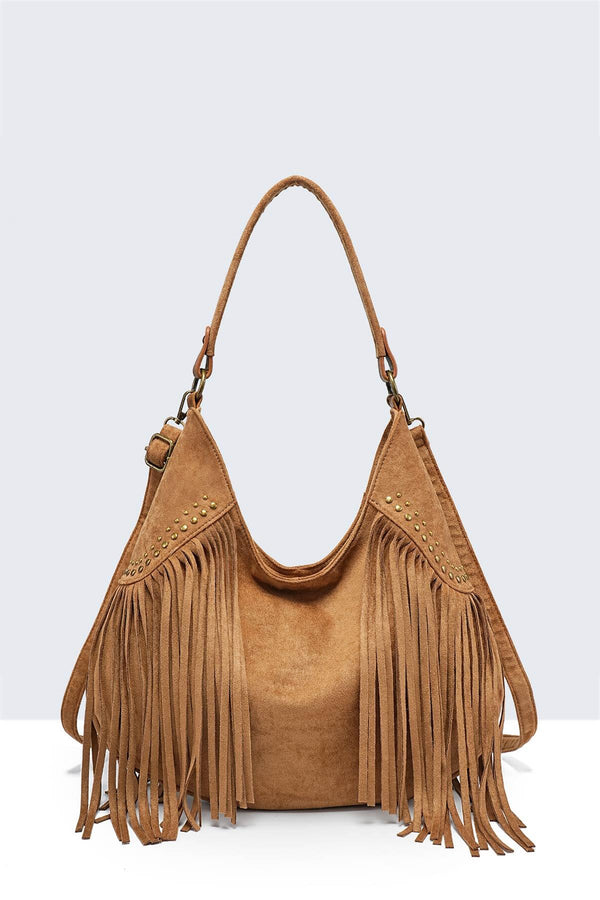 A&E - 28936-BV Bohemian-style shoulder bag with fringe and studs