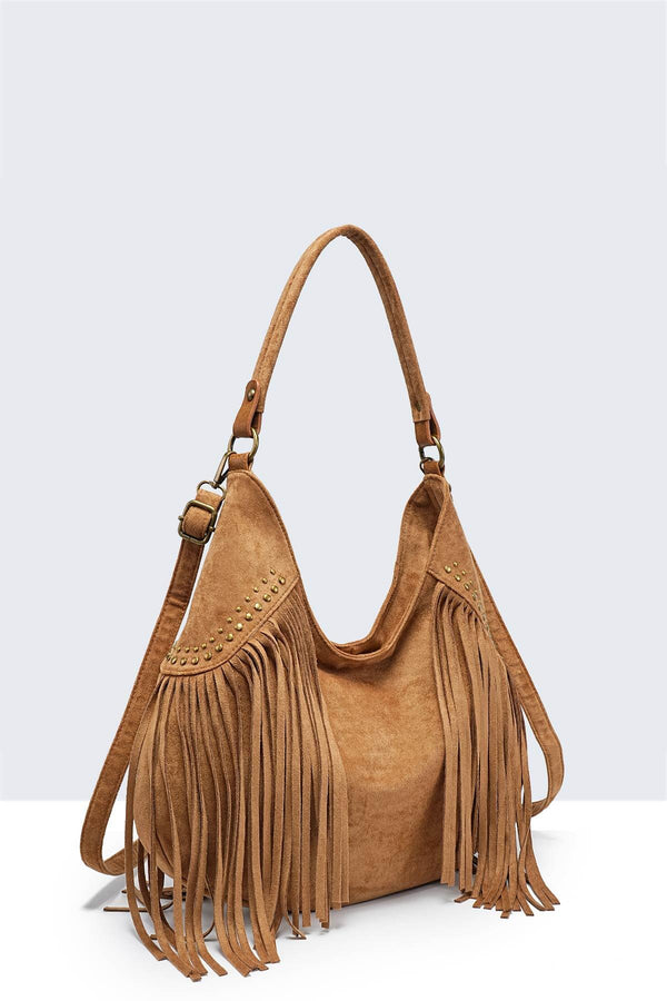 A&E - 28936-BV Bohemian-style shoulder bag with fringe and studs