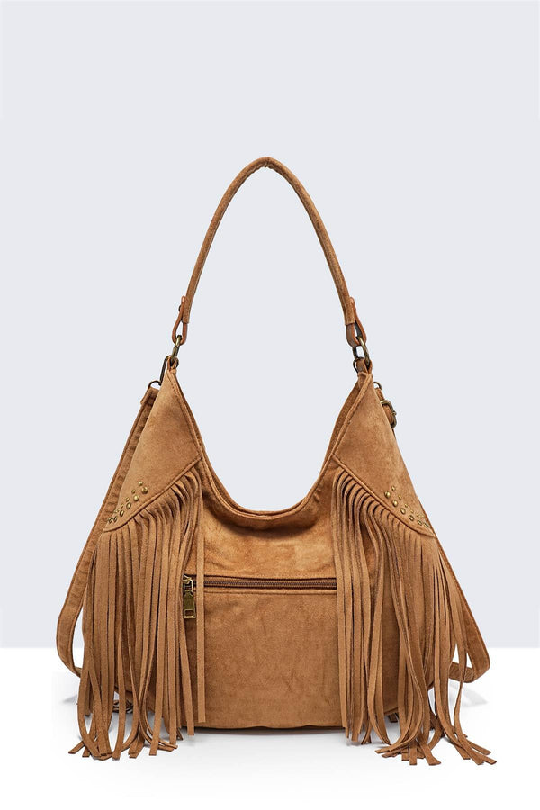 A&E - 28936-BV Bohemian-style shoulder bag with fringe and studs