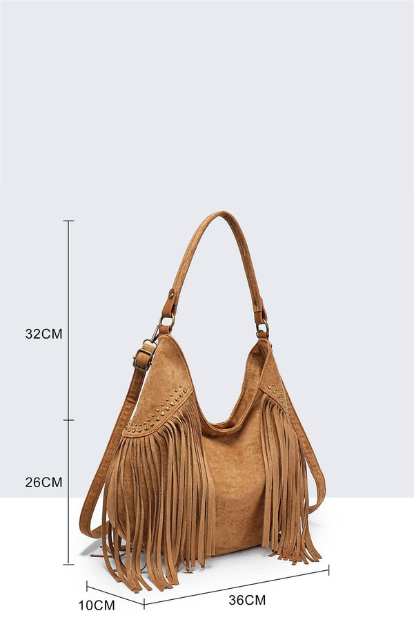 A&E - 28936-BV Bohemian-style shoulder bag with fringe and studs